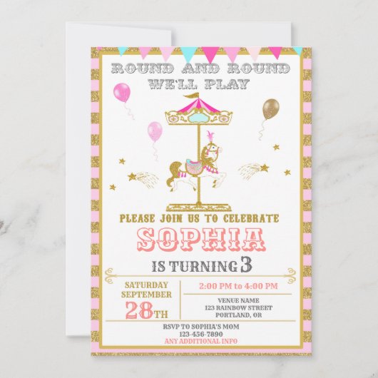 回転木馬誕生日の招待カーニバルパークパーティー 招待状 (正面)