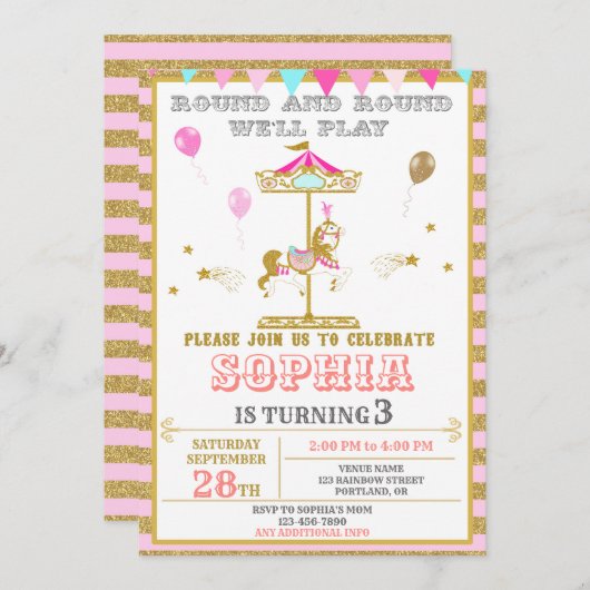 回転木馬誕生日の招待カーニバルパークパーティー 招待状 (正面/裏面)