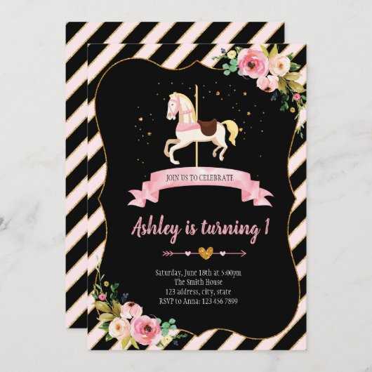 回転木馬誕生日の招待 招待状 (正面/裏面)