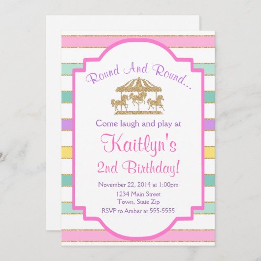 回転木馬誕生日招待状ガールピンクグリッター 招待状 (正面/裏面)