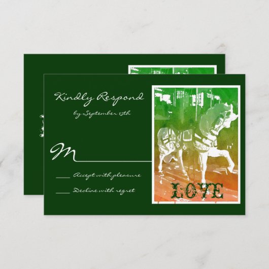 回転木馬・ホース・ハンター・グリーンの結婚式RSVPカード 出欠カード (正面/裏面)