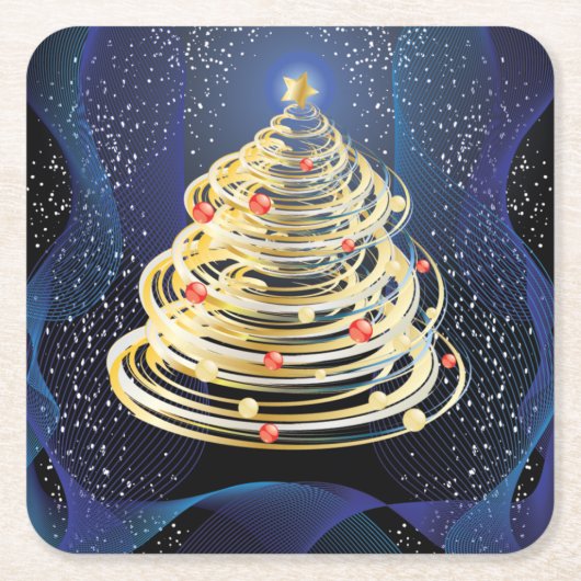 回転金ゴールドスワーズモダンクリスマスツリー スクエアペーパーコースター (正面)