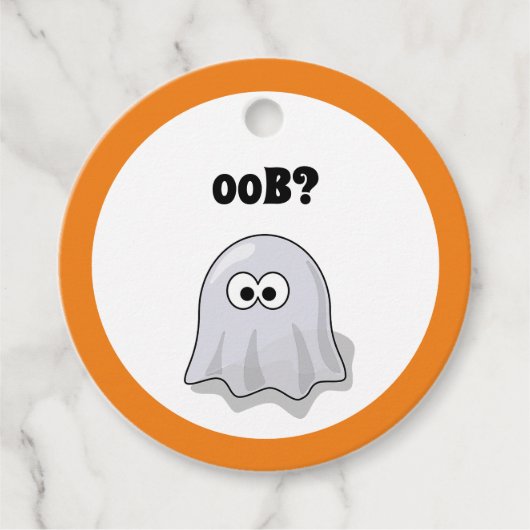 困惑した幽霊が"Oob?"と言うハロウィンの面白いキャラクター フェイバータグ (正面)