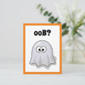困惑した幽霊が"Oob?"と言う面白いハロウィーンのキャラクター ポストカード (スタンド正面)
