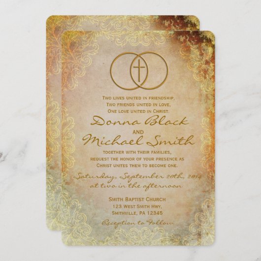 囲まれた十字の宗教結婚式招待状 招待状 (正面/裏面)