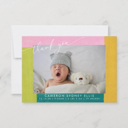 図形スカラフルクリプトベビー2つのフォトメッセージ サンキューカード (正面)