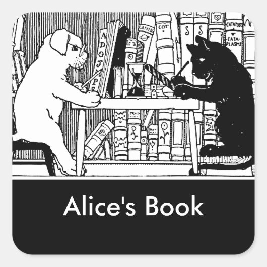 図書室の猫と犬 スクエアシール (正面)