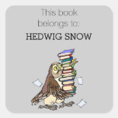図書室パーソナライズされたかわいいフクロウ蔵書票 スクエアシール (正面)