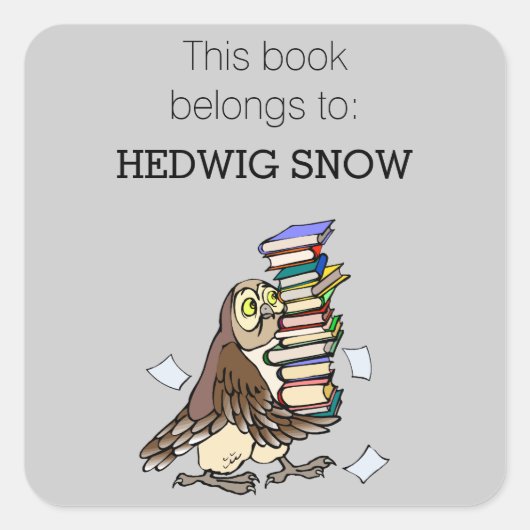 図書室パーソナライズされたかわいいフクロウ蔵書票 スクエアシール (正面)