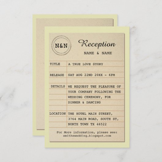 図書室披露宴作家結婚の書籍先生 招待状 (正面/裏面)