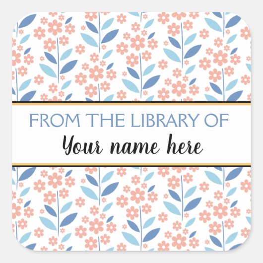 図書館からオレンジ色の花蔵書票 スクエアシール (正面)