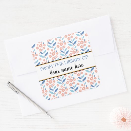 図書館からオレンジ色の花蔵書票 スクエアシール (封筒)