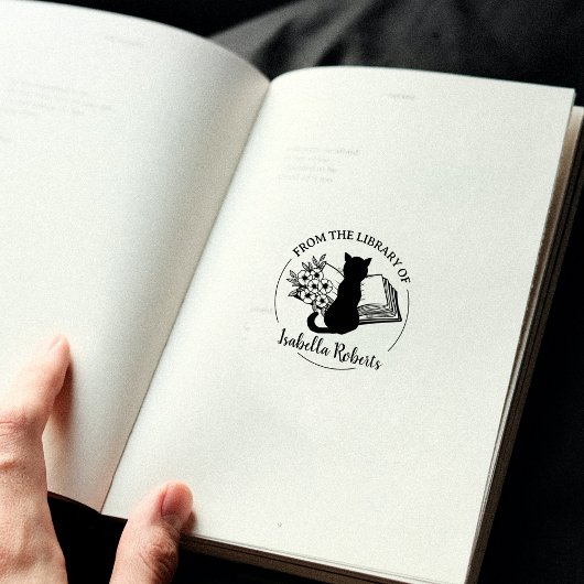 図書館から シンプルなネコの本のスタンプ ラバースタンプ