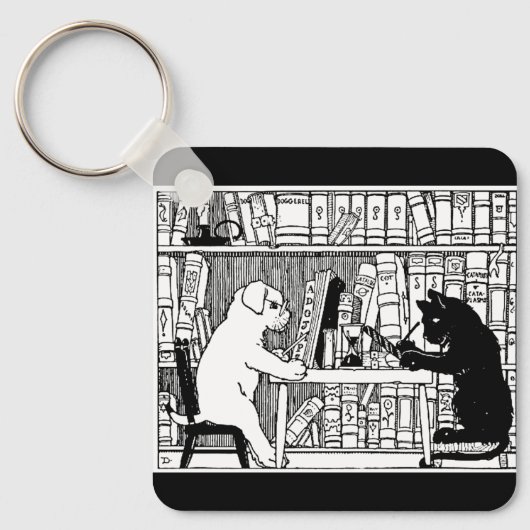 図書館での猫と犬 キーホルダー (正面)