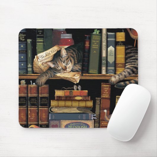 図書館で眠っている猫が付いているマウスパッドは予約します マウスパッド (マウス)