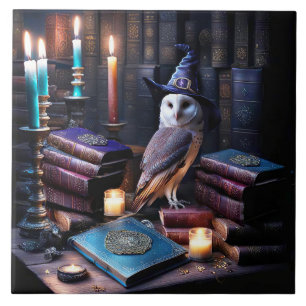 図書館とフクロウと蝋燭の神秘的な本 タイル