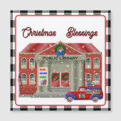 図書館と小さな赤トラックの移動図書館 マグネット招待状 (正面)