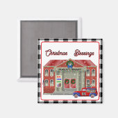 図書館と小さな赤トラックの移動図書館 マグネット (正面/裏面)