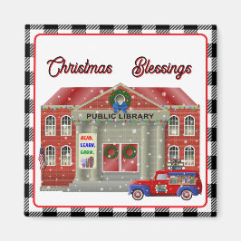 図書館と小さな赤トラックの移動図書館 マグネット