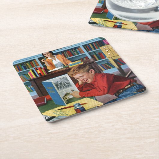 図書館のカエル スクエアペーパーコースター (アングル)