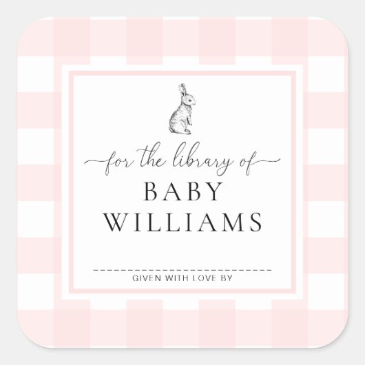図書館のブックプレート ピンクのギンガムバニー スクエアシール (正面)