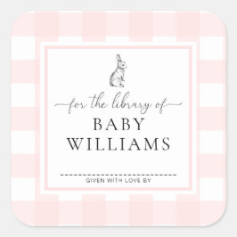 図書館のブックプレート ピンクのギンガムバニー スクエアシール