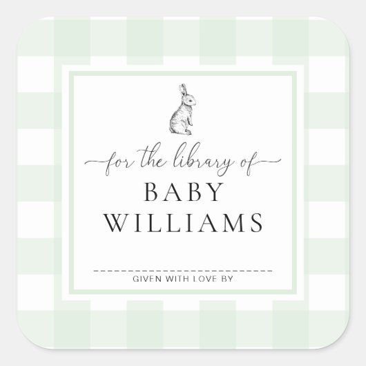 図書館のブックプレート 緑のギンガムうさぎ スクエアシール (正面)
