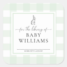 図書館のブックプレート 緑のギンガムうさぎ スクエアシール
