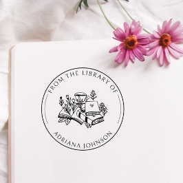 図書館の本とコーヒーの花 ラバースタンプ