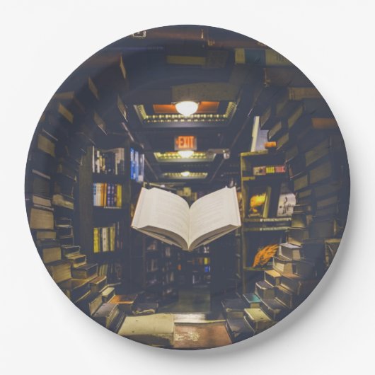 図書館の本棚が本を読開く ペーパープレート (正面)
