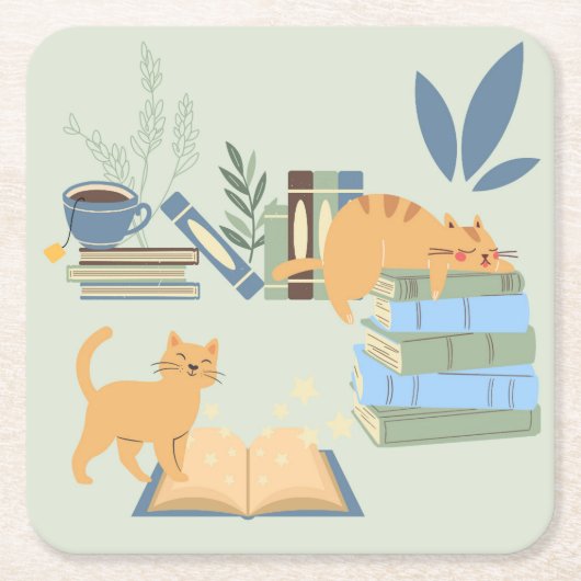 図書館の猫たち スクエアペーパーコースター (正面)