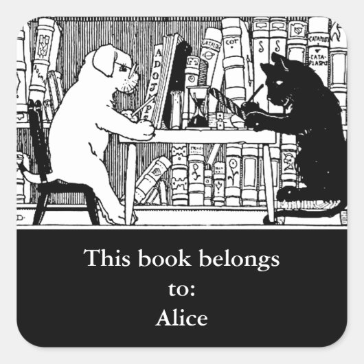 図書館の猫と犬の蔵書票 スクエアシール (正面)