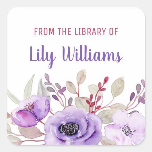 図書館の紫色の水彩フローラ スクエアシール (正面)