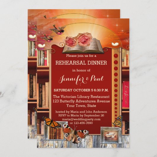 図書館または本好きな人たちのリハーサルディナー招待状 招待状 (正面/裏面)