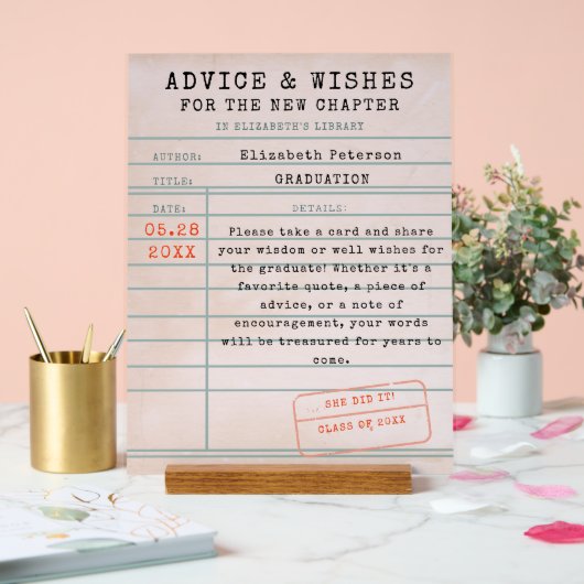 図書館カードブックテーマ卒業アドバイスの希望 アクリルサイン (ウェディング)