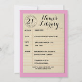 図書館カードブックバースデーパーティーピンク招待状 招待状 (正面)