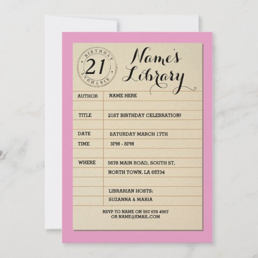 図書館カードブックバースデーパーティーピンク招待状 招待状 (正面)