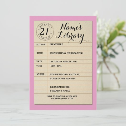 図書館カードブックバースデーパーティーピンク招待状 招待状 (スタンド正面)