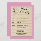 図書館カードブックバースデーパーティーピンク招待状 招待状 (正面/裏面)