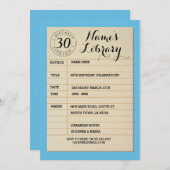 図書館カードブック誕生日パーティーブルー招待状 招待状 (正面/裏面)