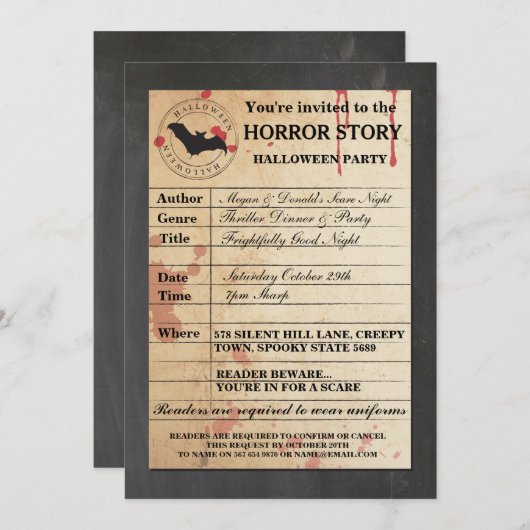 図書館カード型枠ハロウィーンストーリーパーティの招待状 招待状 (正面/裏面)