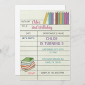 図書館カード、書籍の女の子の誕生日の招待状。 招待状 (正面/裏面)