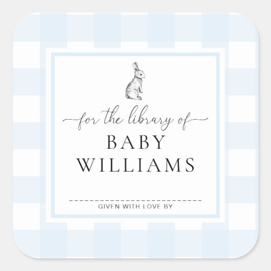図書館用のブルーギンガムうさぎブックプレート スクエアシール (正面)