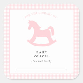 図書館用ピンクギンガムチェックの女の赤ちゃん ブックプレート スクエアシール