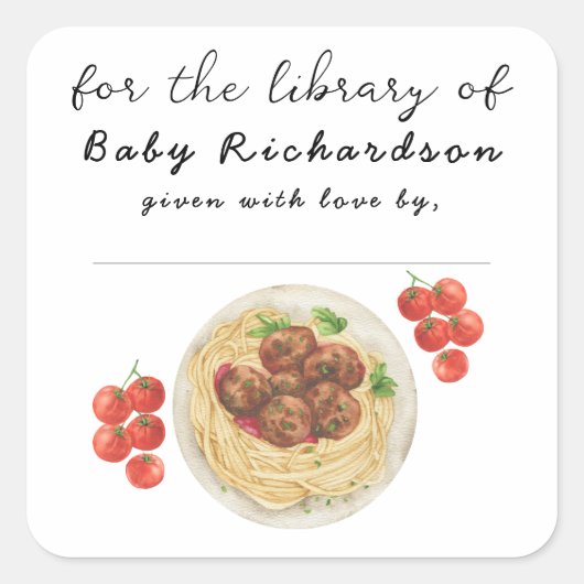 図書館用ミートボールパスタベビーシャワー スクエアシール (正面)