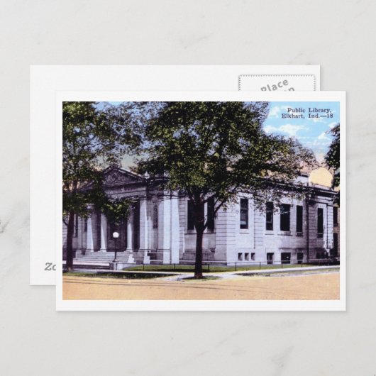 図書館、エルクハート、インディアナ1930ヴィンテージ ポストカード (正面/裏面)