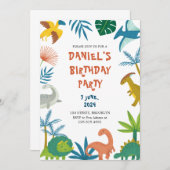 図解カラフルよくはしゃぐ恐竜誕生日 招待状 (正面/裏面)