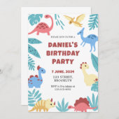 図解カラフルよくはしゃぐ恐竜誕生日 招待状 (正面/裏面)