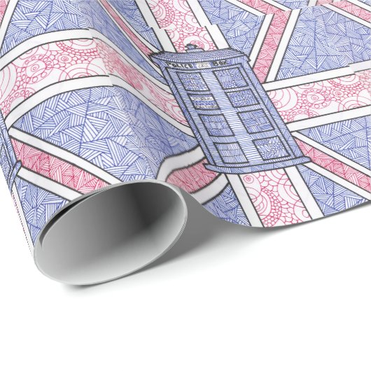 図解入りの、写真付きのなイギリスの警察箱および英国国旗の旗 ラッピングペーパー (ロールコーナー)