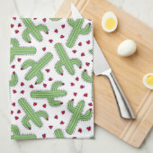 図解入りの、写真付きのなサボテン及びピンクの花模様 キッチンタオル (四つ折り)